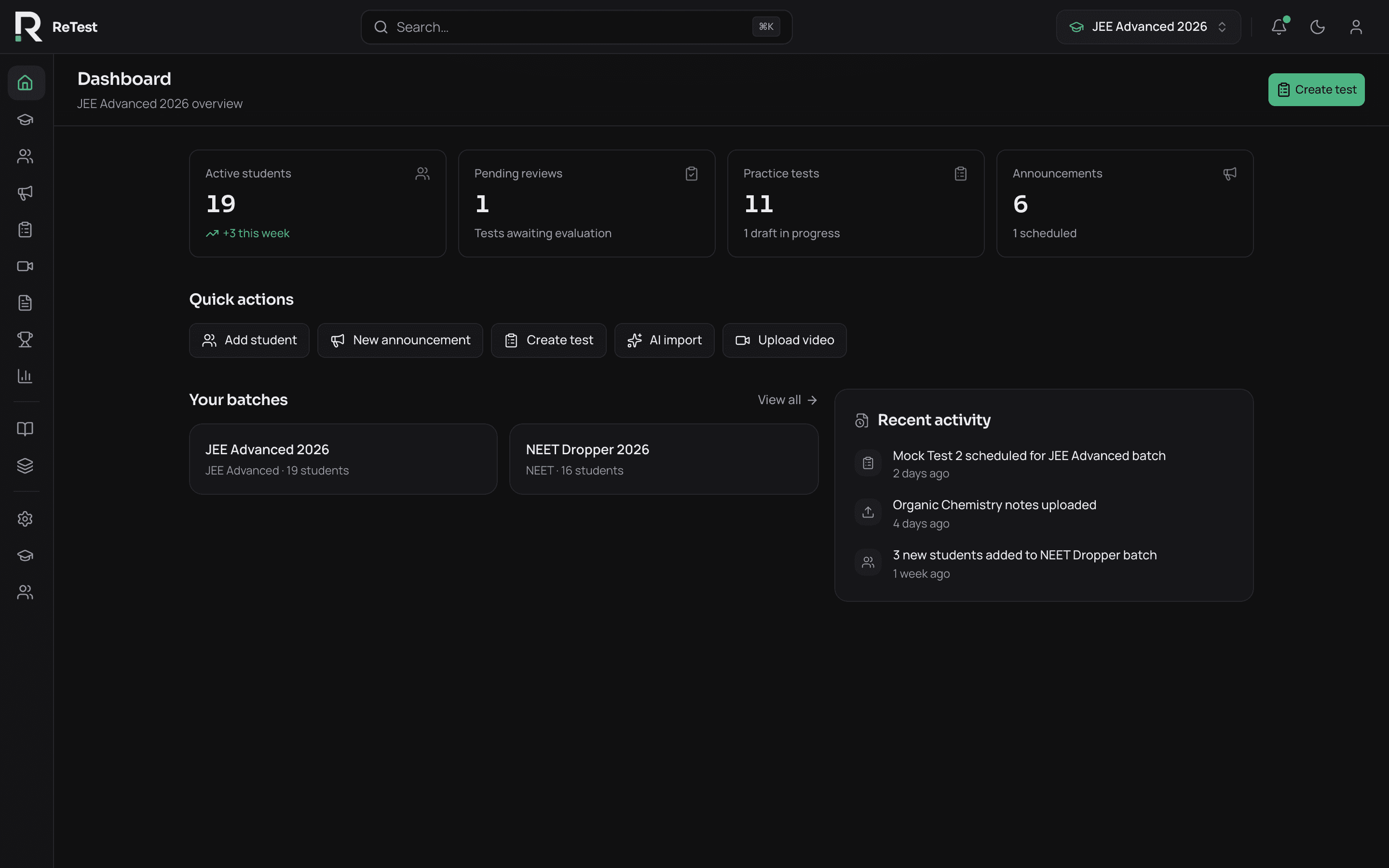 ReTest staff view — A productivity workspace