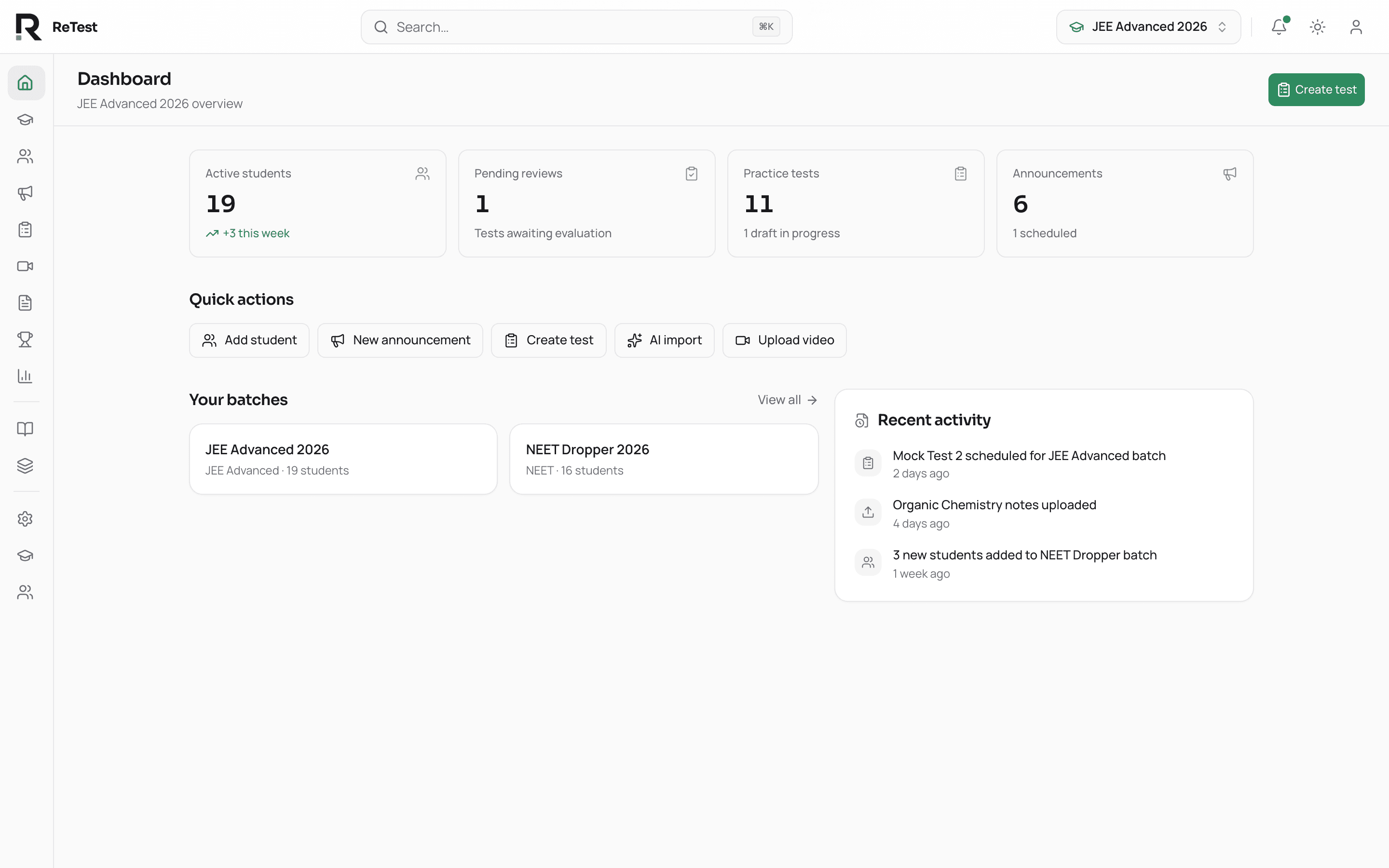 ReTest staff view — A productivity workspace