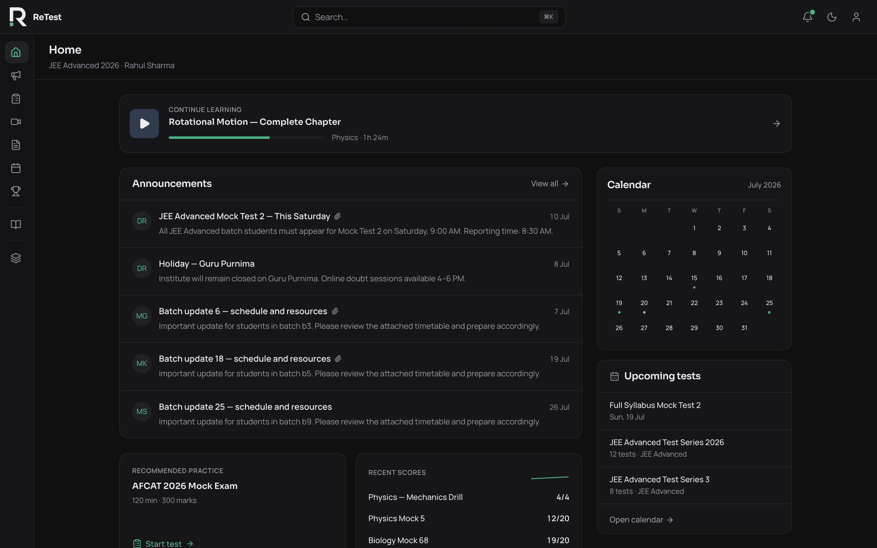 ReTest student home — announcements, practice tests, leaderboard, and calendar