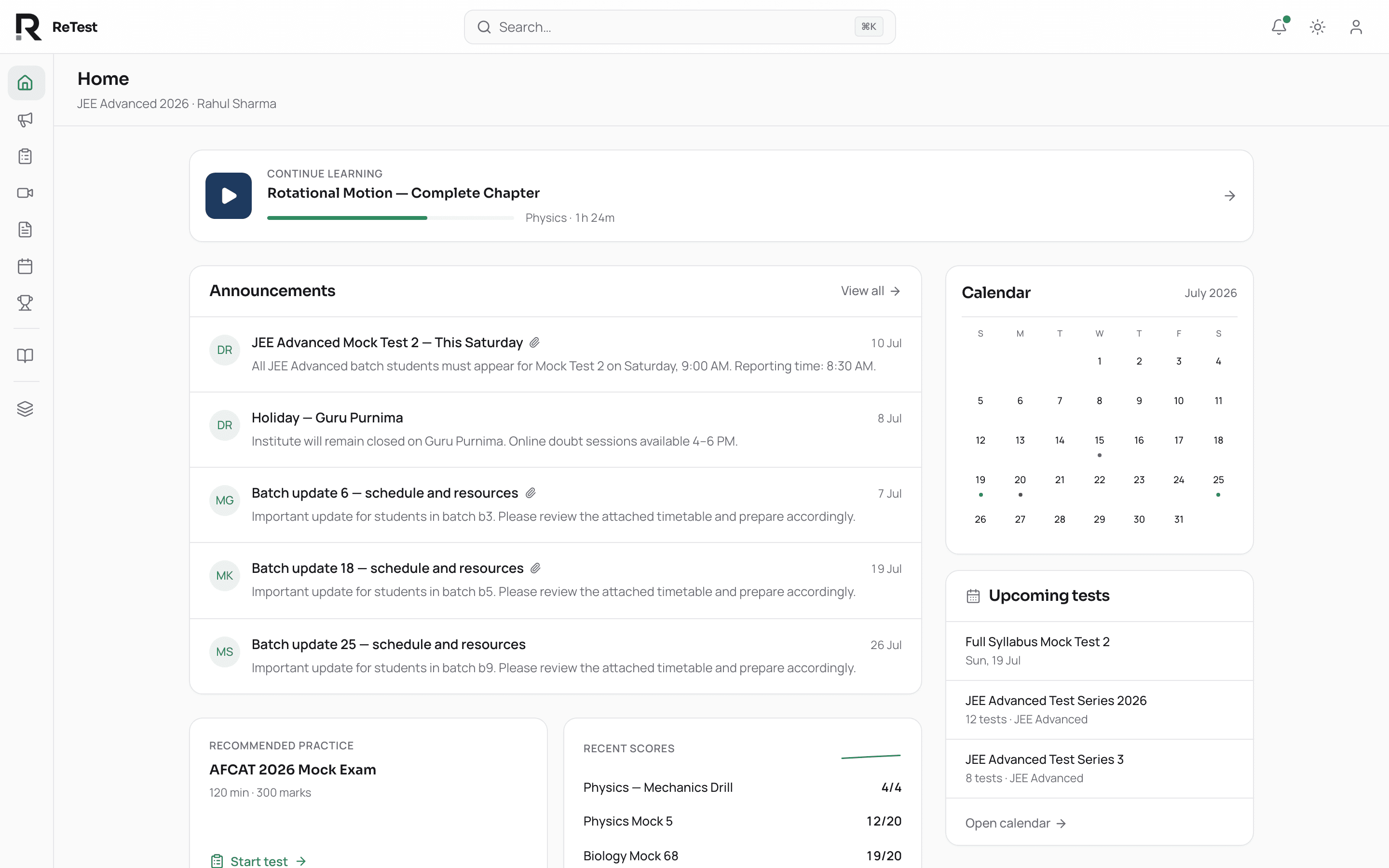 ReTest student home — announcements, practice tests, leaderboard, and calendar